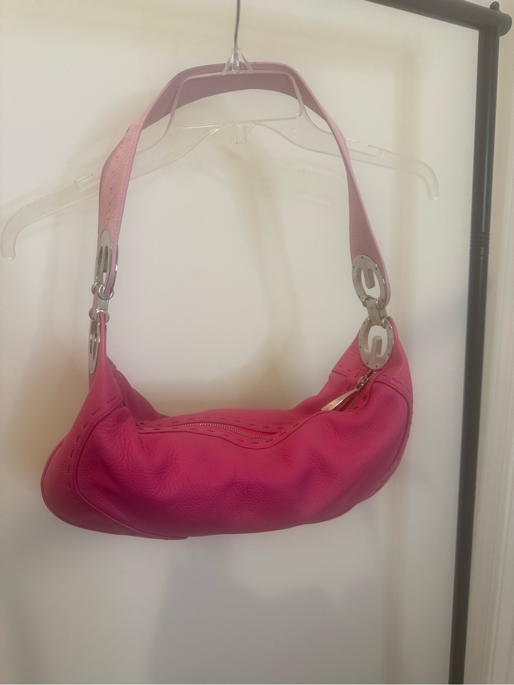 NWOT Escada Hot Pink ELuna Leather Bag w/2 Shoulder straps & Silver Hardware